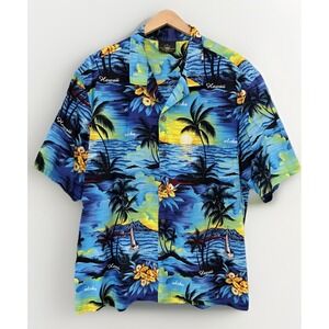 Royal Creations VTG Hawaiian Shirt Mens 4XL Blue Aloha Sunset Sail Palm Made USA
